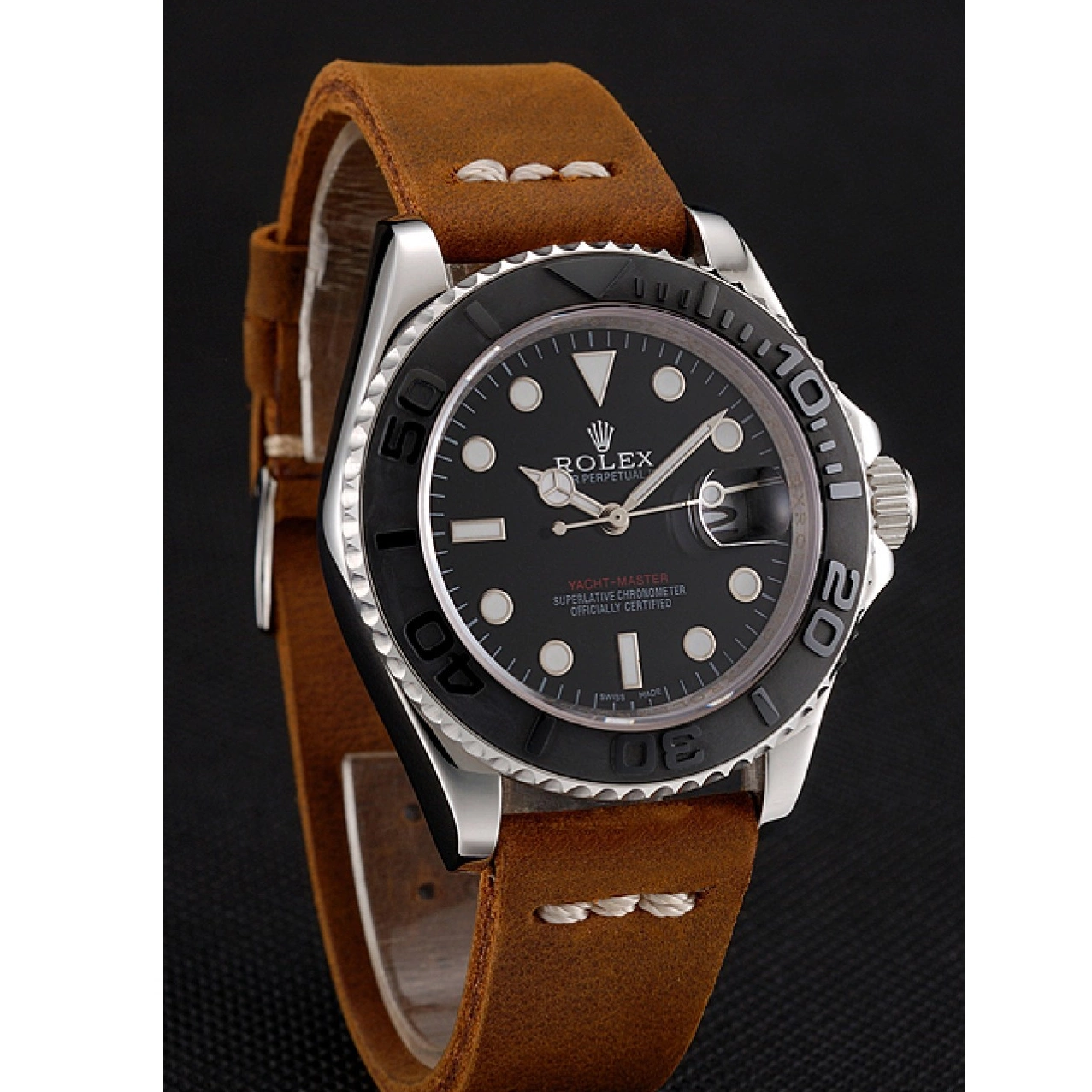 Aaa replica Rolex Master Yacht Black Case Bracelet 1453859 Dial Brown Leather Silver 0622